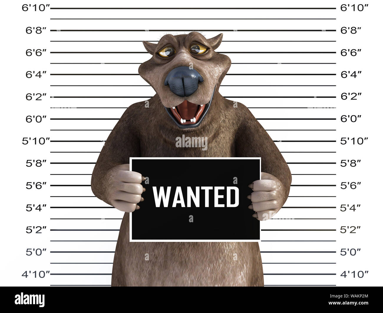 3D-Rendering eines charmanten Glücklich lächelnde Cartoon bear Holding ein wollte Zeichen, während seine Polizeifoto. Stockfoto