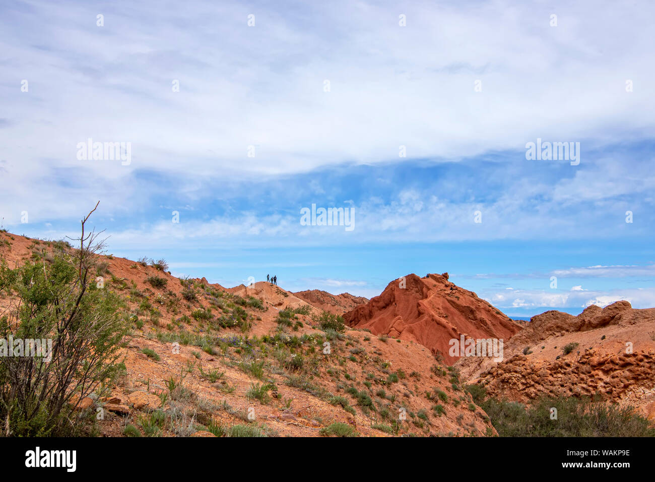 Aussicht auf die Schlucht mit Menschen stehen auf einem Hügel gegen einen bewölkten Himmel. Tourismus Kirgisistan Stockfoto