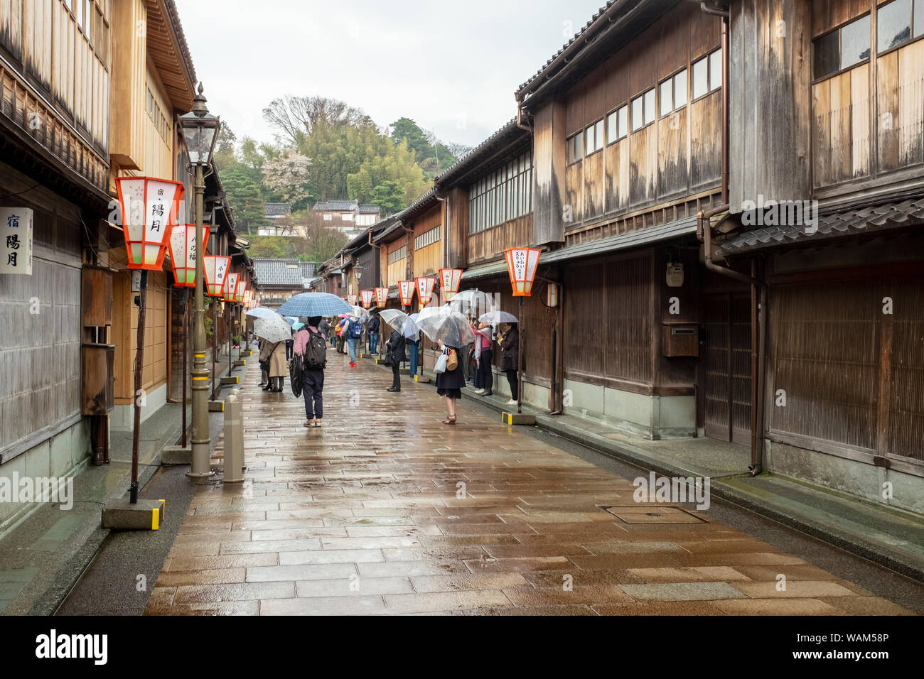 Touristen mit Sonnenschirmen gehen hinunter eine Gasse mit traditioneller Architektur in der higashi Chaya Geisha Bezirk, Kanazawa, Japan gefüttert Stockfoto