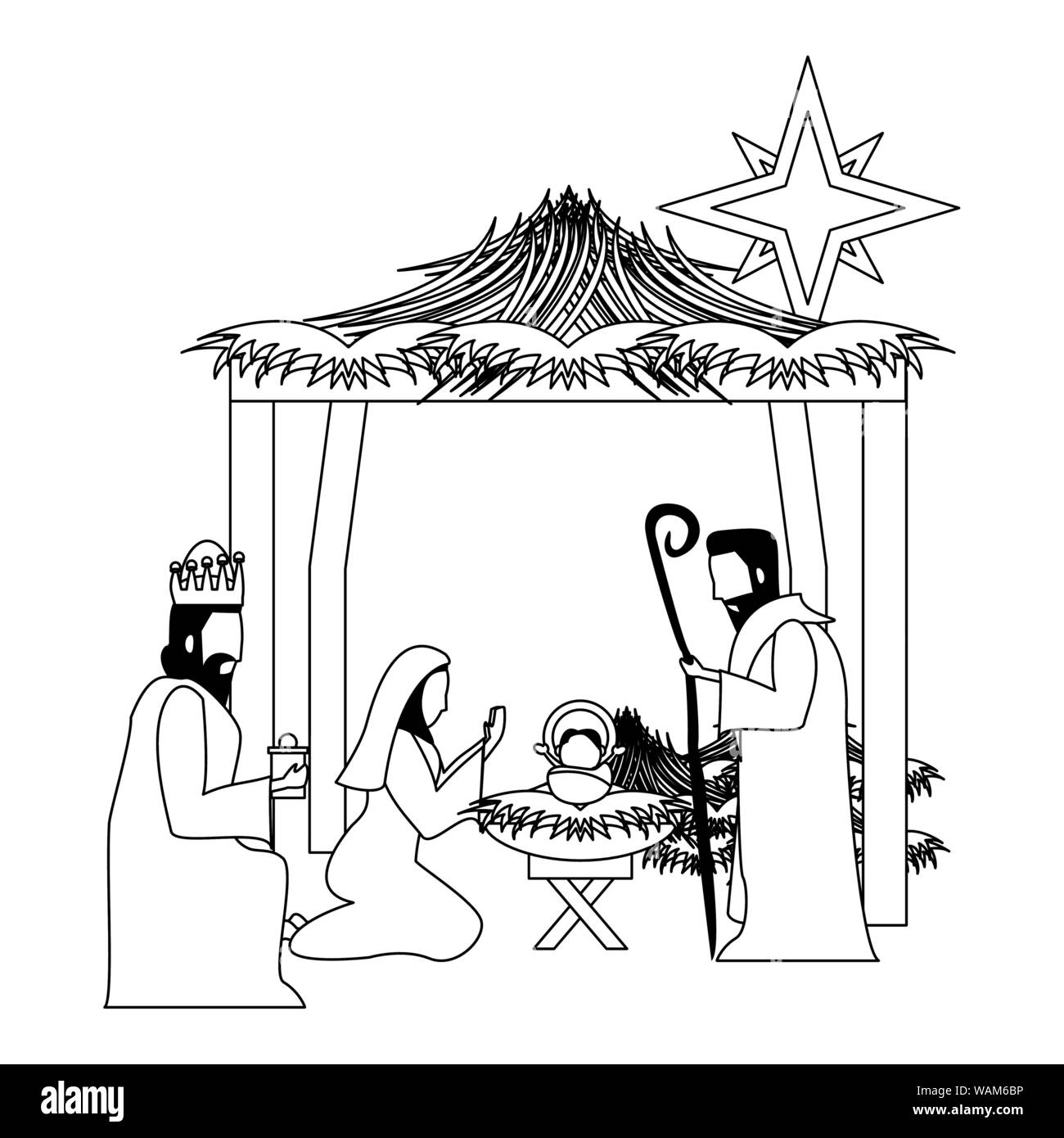 Frohe Weihnachten Krippe christian Karikatur in Schwarz und Weiß Stock