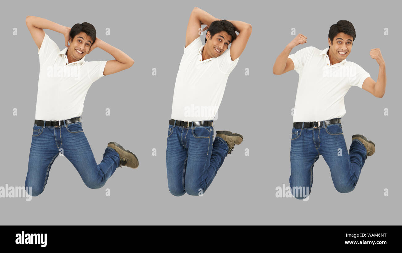 Mehrere Bilder eines jungen Mannes, der in der Luft springt und lächelt Stockfoto