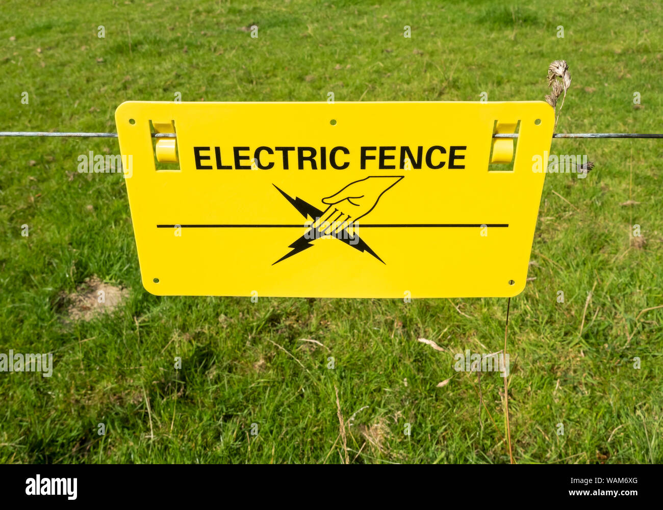 In der Nähe von elektrischen Zaun Zeichen in einem Feld England UK Vereinigtes Königreich GB Großbritannien schützen Stockfoto