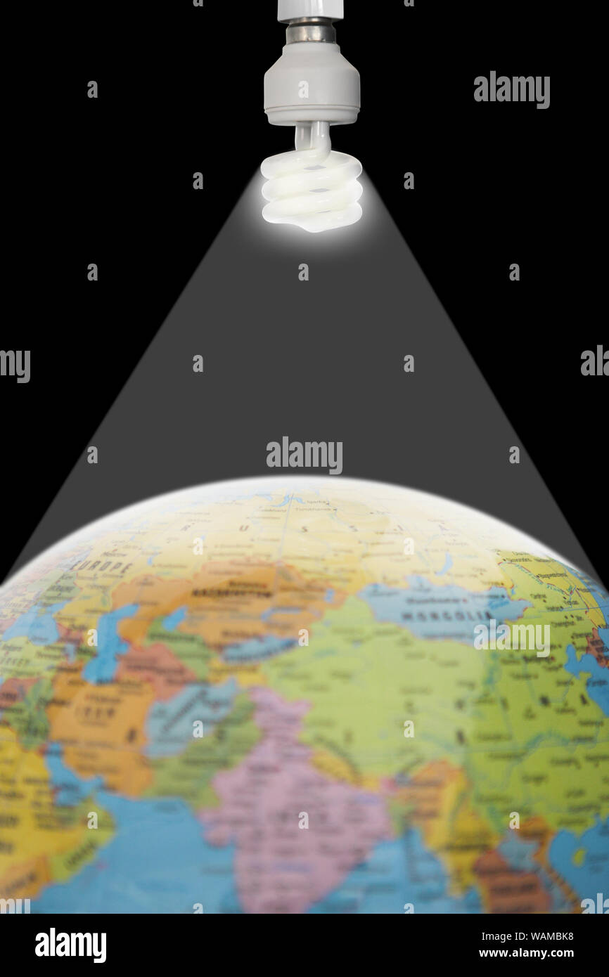 Nahaufnahme einer Leuchtstofflampe über einem Globus Stockfoto