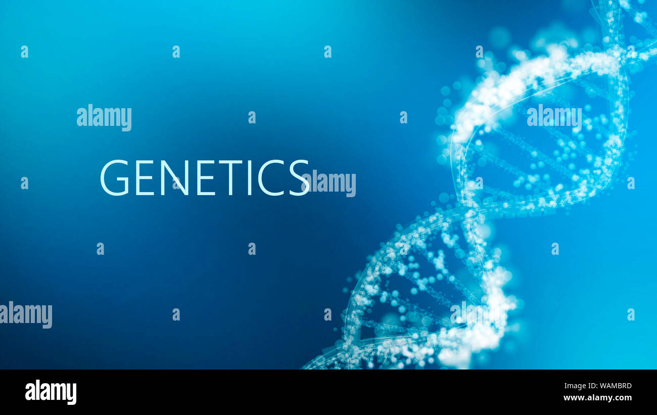 Wort Genetik mit DNA-Helix auf Blau wissenschaftlicher Hintergrund Stockfoto
