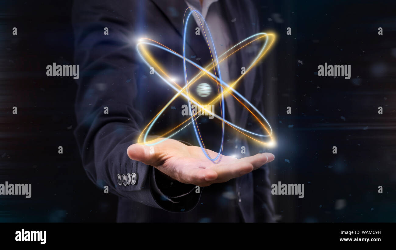 Hologramm der Atom auf die männliche Hand, Panorama Stockfoto