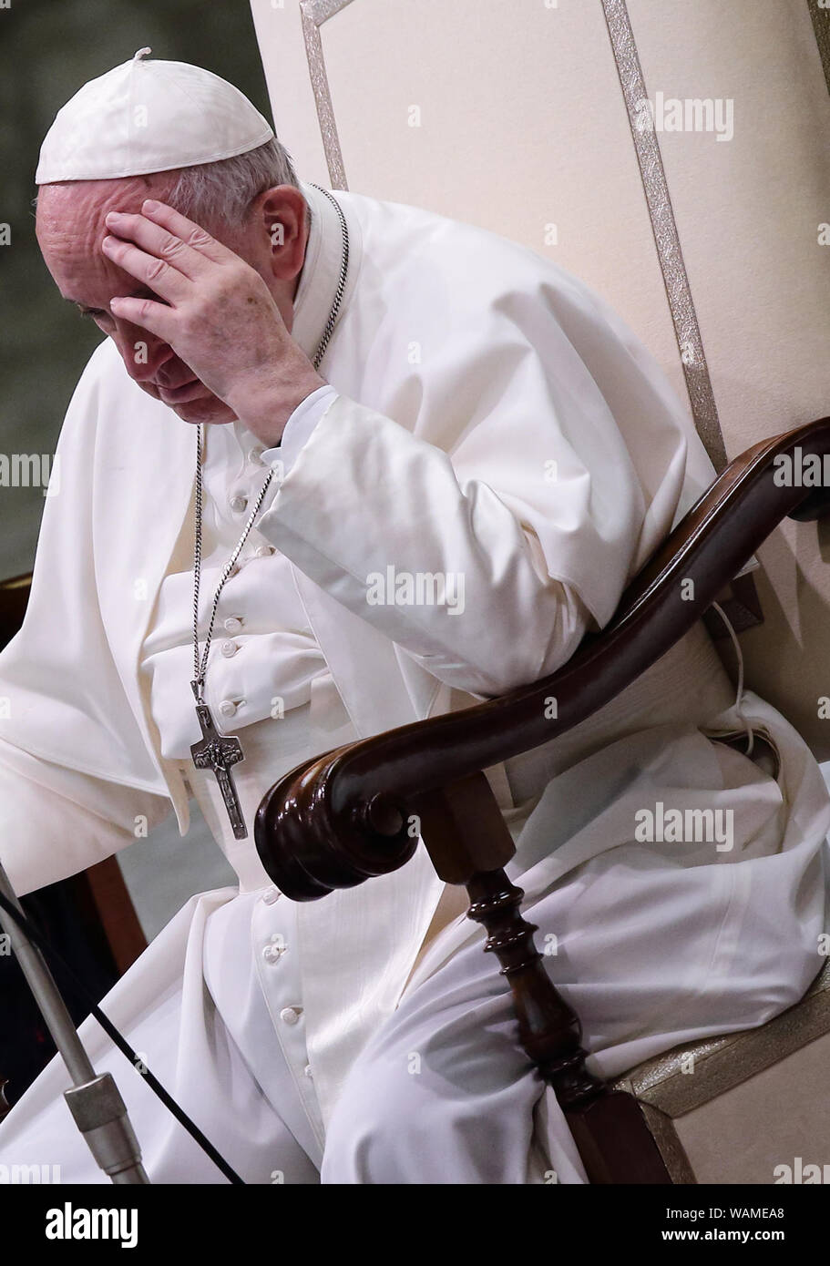 Vatikan. 21 Aug, 2019. Papst Franziskus während der Generalaudienz am Mittwoch in der Aula Paolo VI. im Vatikan. Credit: Evandro Inetti/ZUMA Draht/Alamy leben Nachrichten Stockfoto