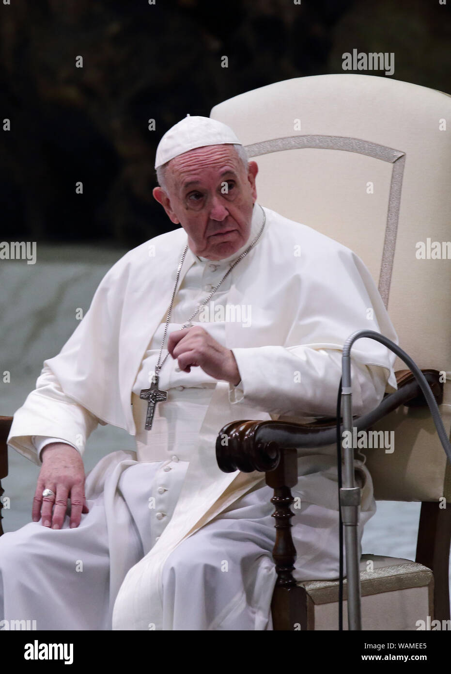 Vatikan. 21 Aug, 2019. Papst Franziskus während der Generalaudienz am Mittwoch in der Aula Paolo VI. im Vatikan. Credit: Evandro Inetti/ZUMA Draht/Alamy leben Nachrichten Stockfoto