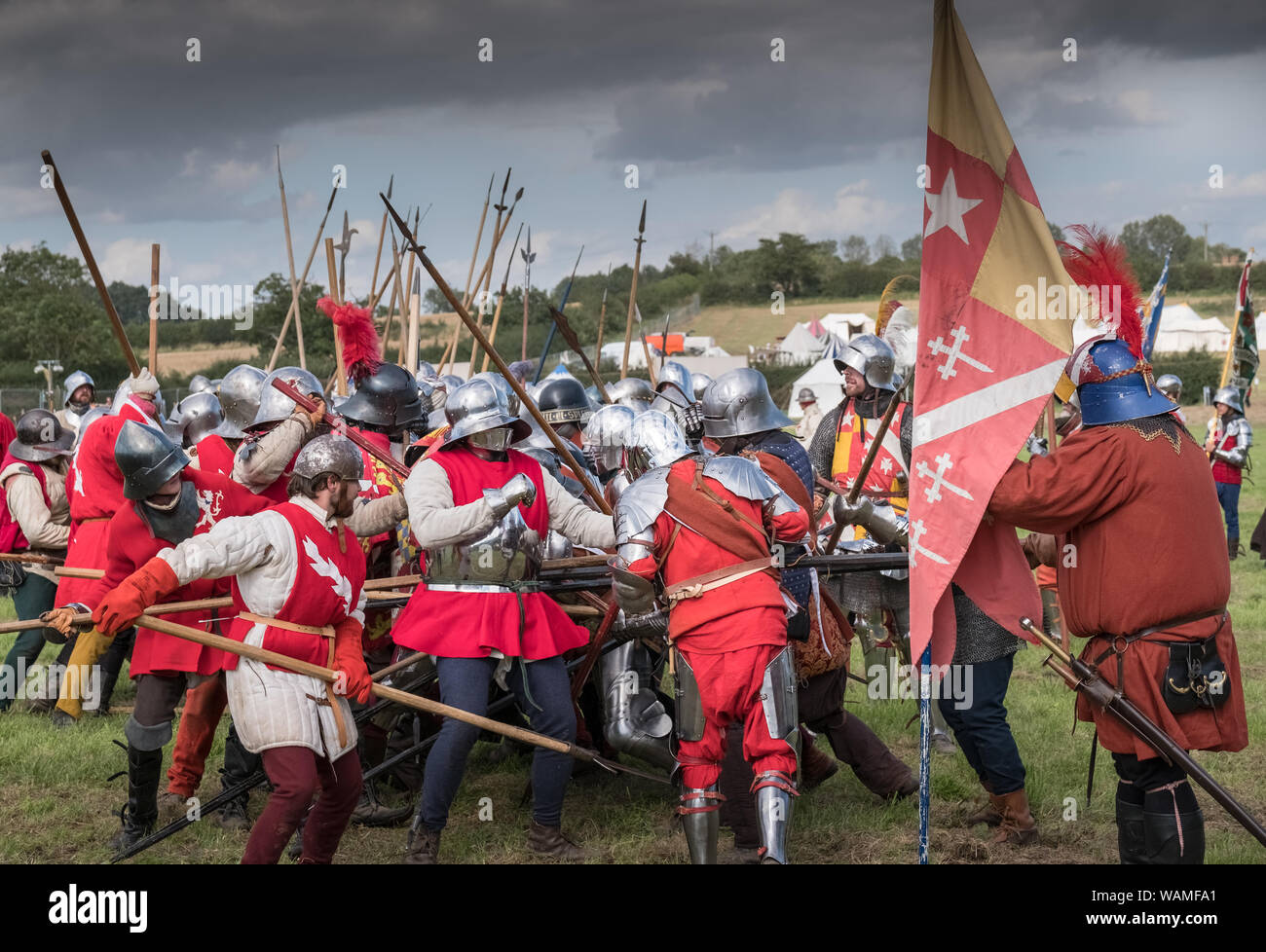 Bosworth Battlefield mittelalterlichen Re-enactment Veranstaltung, wo 1485 Henry Tudor besiegt König Richard III., Leicestershire, Großbritannien Stockfoto