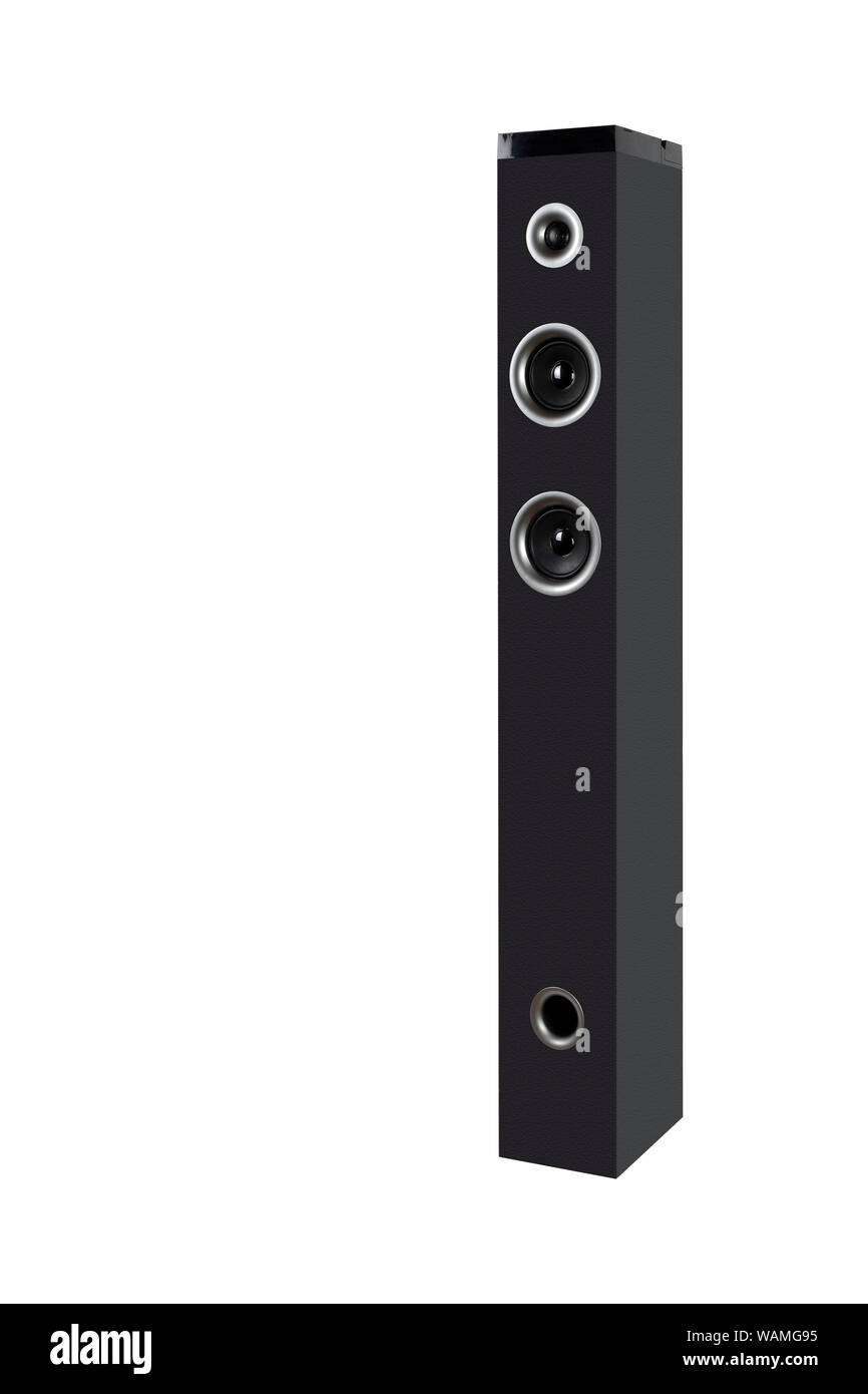 Musik und Sound - Hohe ein Line Array tower Bluetooth Lautsprecher Gehäuse cabinet auf weißem Hintergrund. Stockfoto