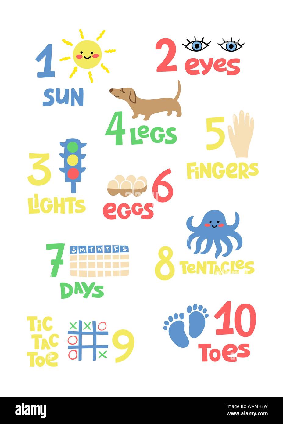 Zahlen und Zählen Praxis druckbare Poster, Arbeitsblatt für Vorschule, Kindergarten Kinder. Bunte zahlen Flashcard für Kinder lernen zu zählen. Stock Vektor