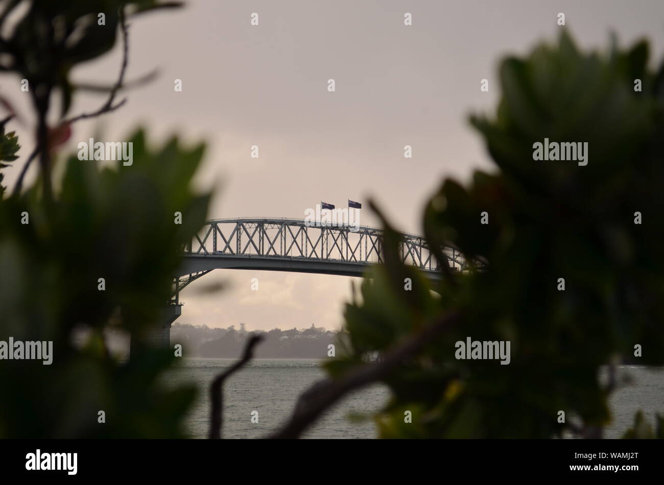 Am späten Nachmittag Dusche über Auckland Harbour Bridge Stockfoto