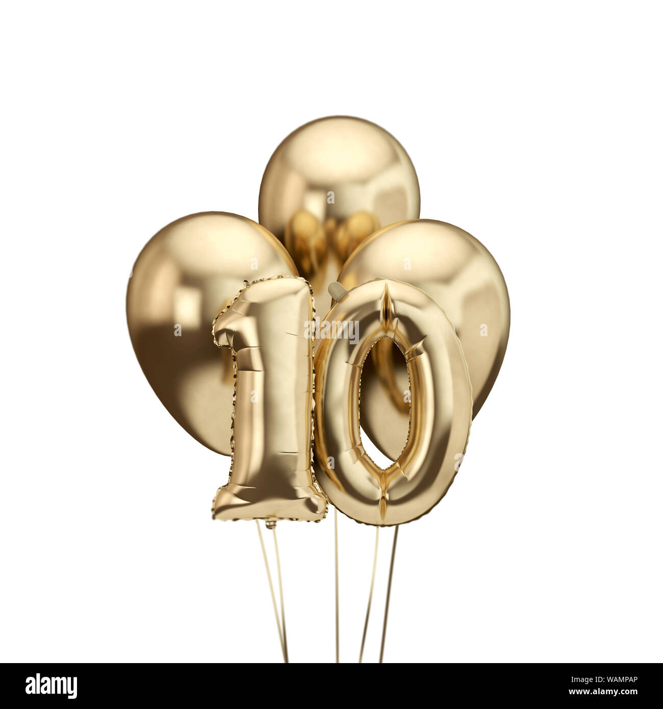 10. Geburtstag gold Folie Bündel Luftballons. Alles Gute zum Geburtstag. 3D-Rendering Stockfoto