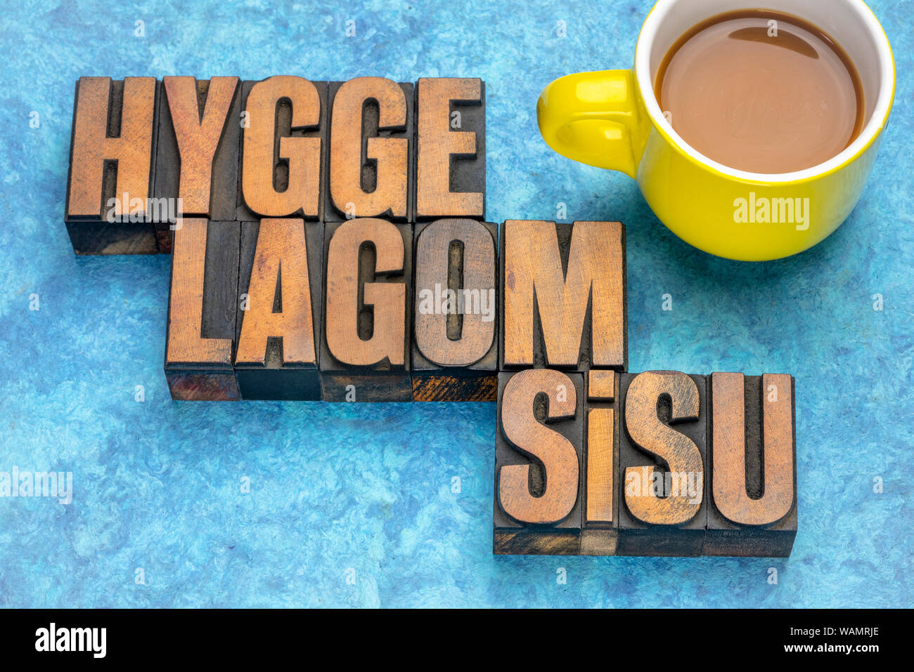 Hygge, lagom und Sisu skandinavischen lifestyle Konzepte aus Dänemark, Schweden und Finnland - Wort in Vintage buchdruck Holz Art Abstract Stockfoto