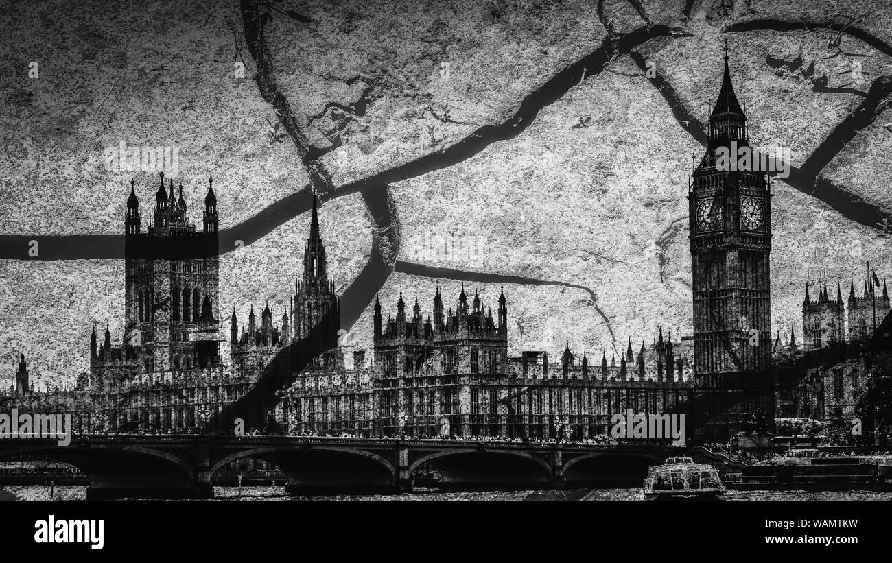Houses of Parliament und Big Ben in London mit Rissen in Schwarzweiß-Brexit Thema überlagert Stockfoto