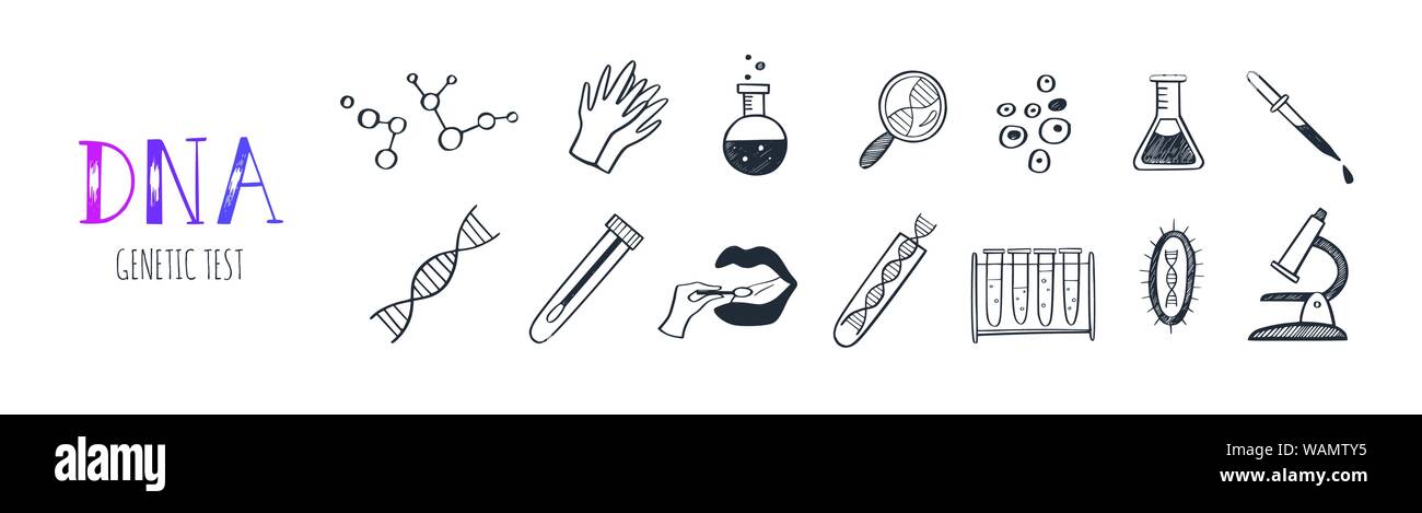 Gentechnik und medizinische Forschung vektor Infografik Symbole. DNA-Helix, Genom Prüfung Elemente. Chemisches Labor Konzept Stock Vektor