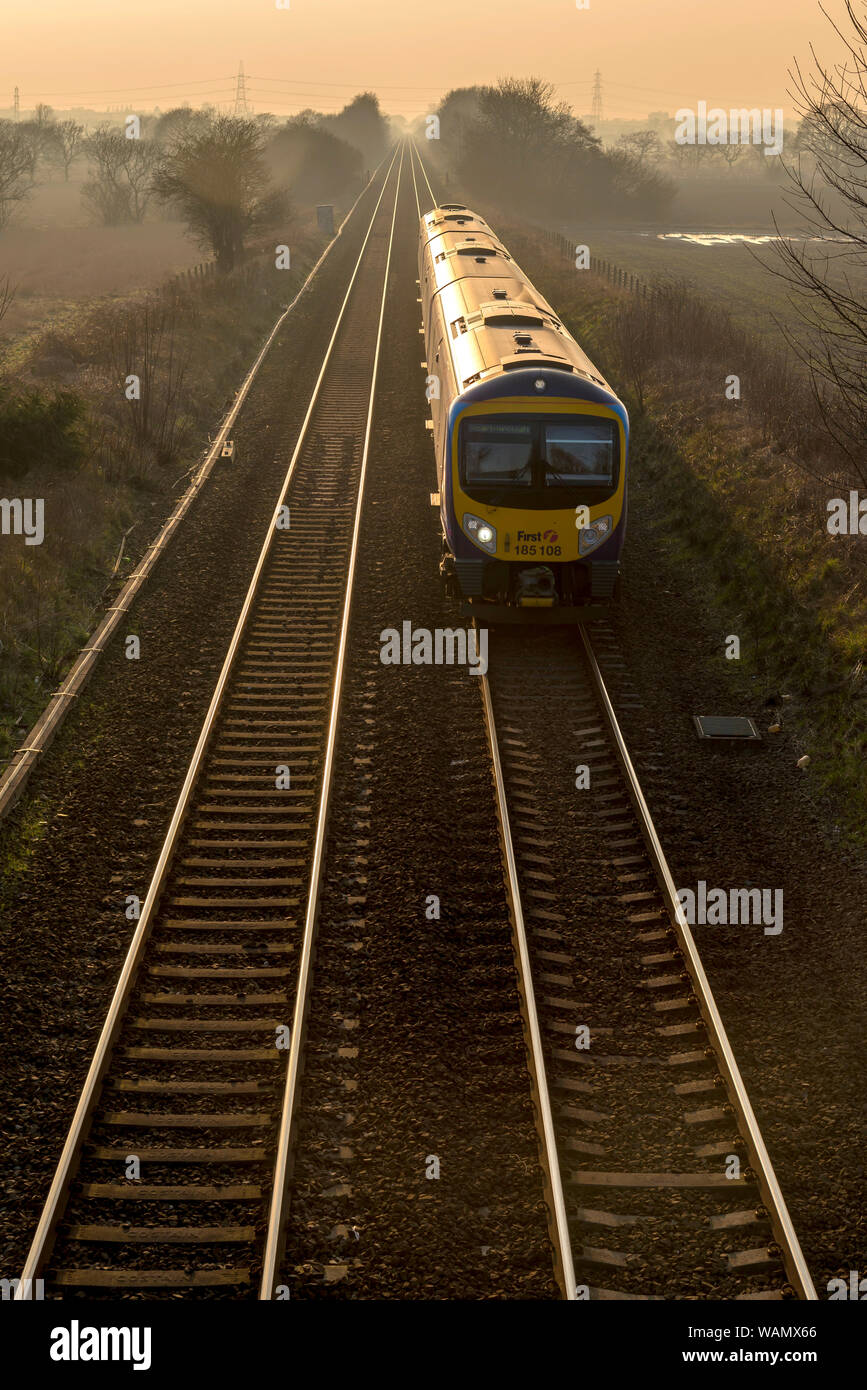 BR 185 Diesel Schiene zunächst mehrere Ganzzug DMU auf dem Weg von Liverpool nach Scarborough an einem nebligen Abend. Stockfoto