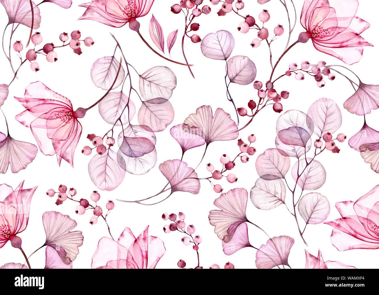 Transparente rose watercolor nahtlose Muster. Hand floraler Abbildung mit rosa Beeren für Hochzeit Design, Oberfläche, Textilien, Tapeten gezeichnet Stockfoto