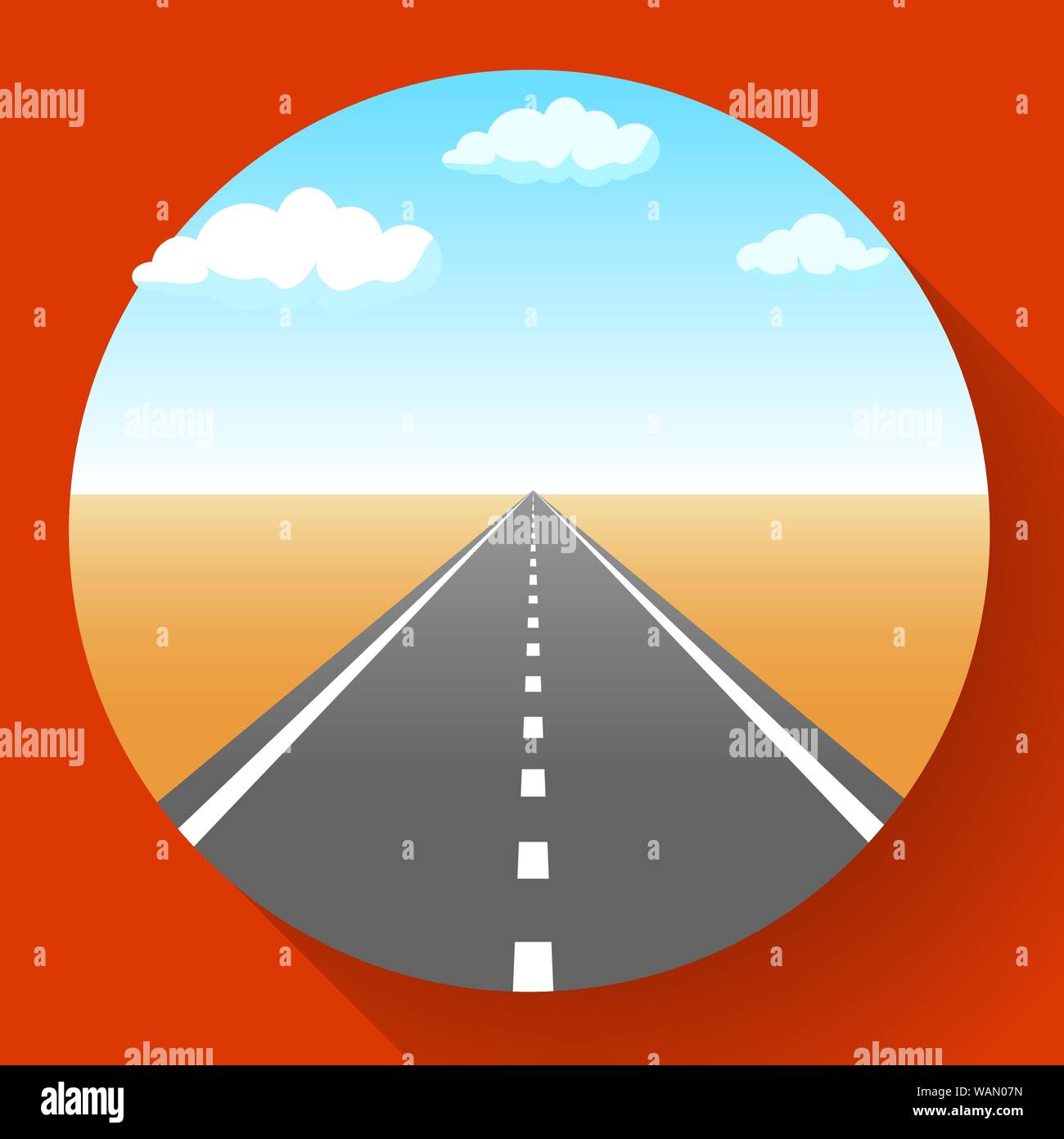 Landschaft mit Himmel und Wolken, Land und asphaltierte Straße mit Markierung, leere Autobahn in Wüste, Vector Illustration. Stock Vektor