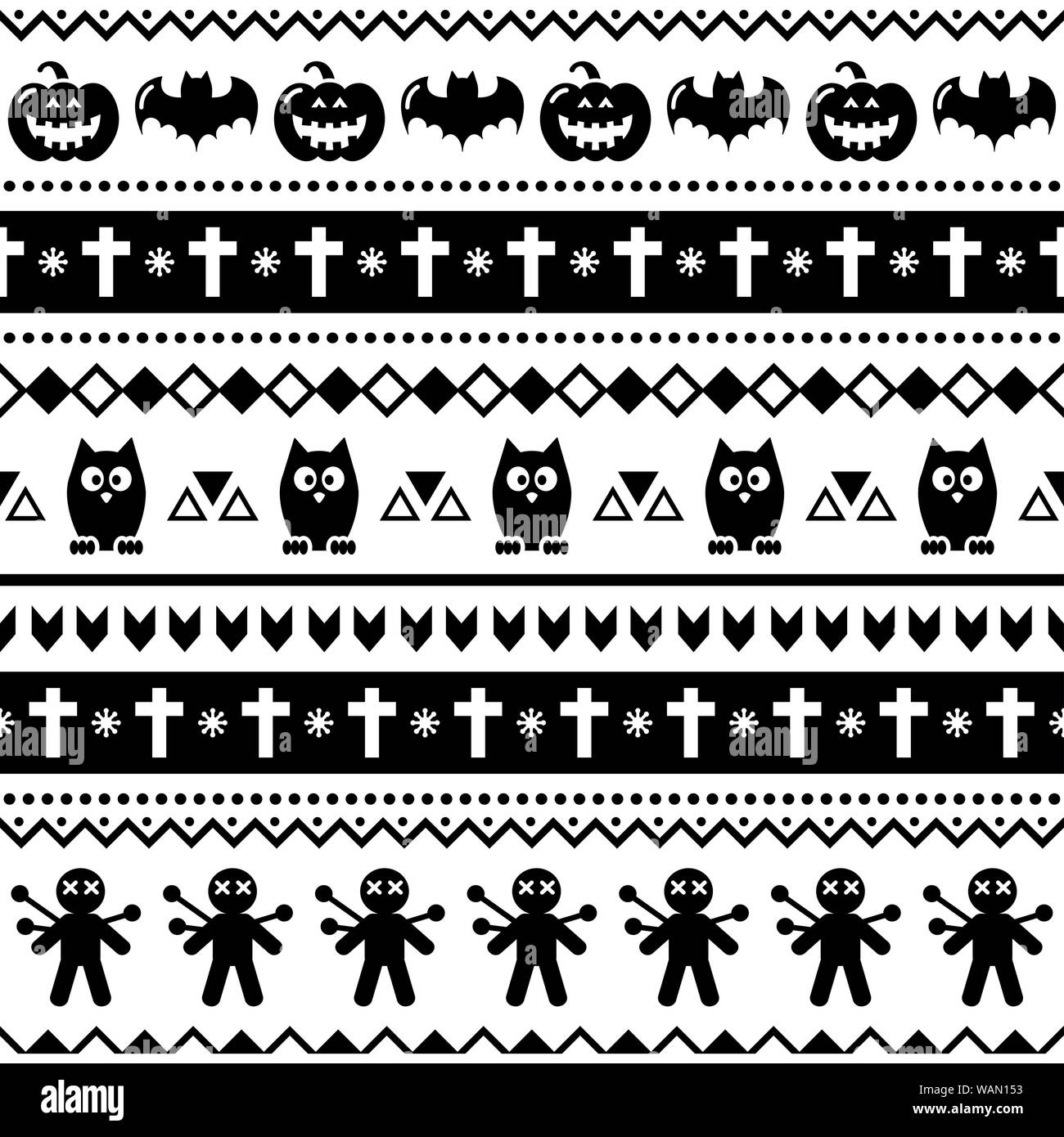 Halloween nahtlose Vektor Muster mit Fledermäuse, Eulen und Kürbisse - Tribal, Aztec Drucken im Hintergrund Stock Vektor