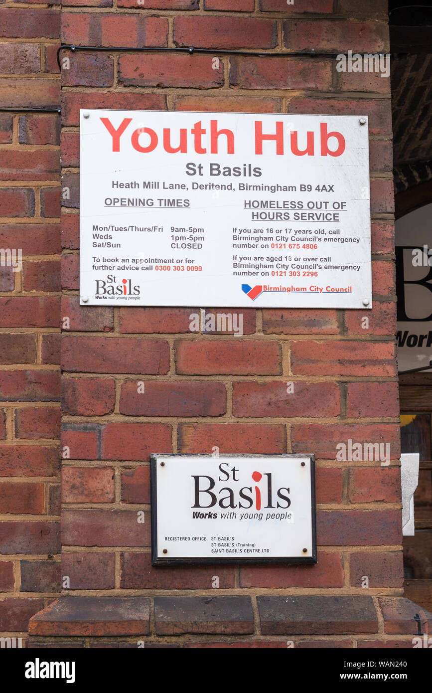 Der hl. Basilius Jugend Hubb in Heide Mill Lane, Digbeth, Birmingham, hilft jungen Menschen mit Familie oder Home themen Stockfoto