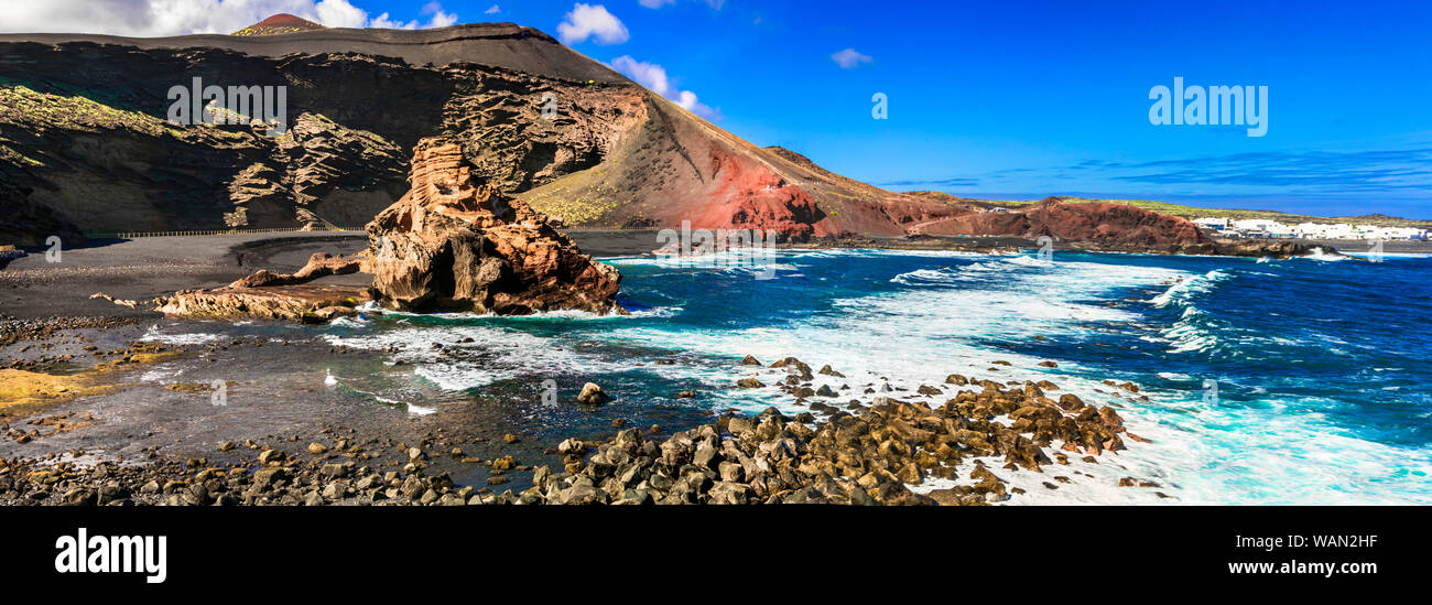 Kanarischen Inseln. Malerische vulkanische Insel Lanzarote mit beeindruckenden Meer Landschaft. El Golfo Strand Stockfoto