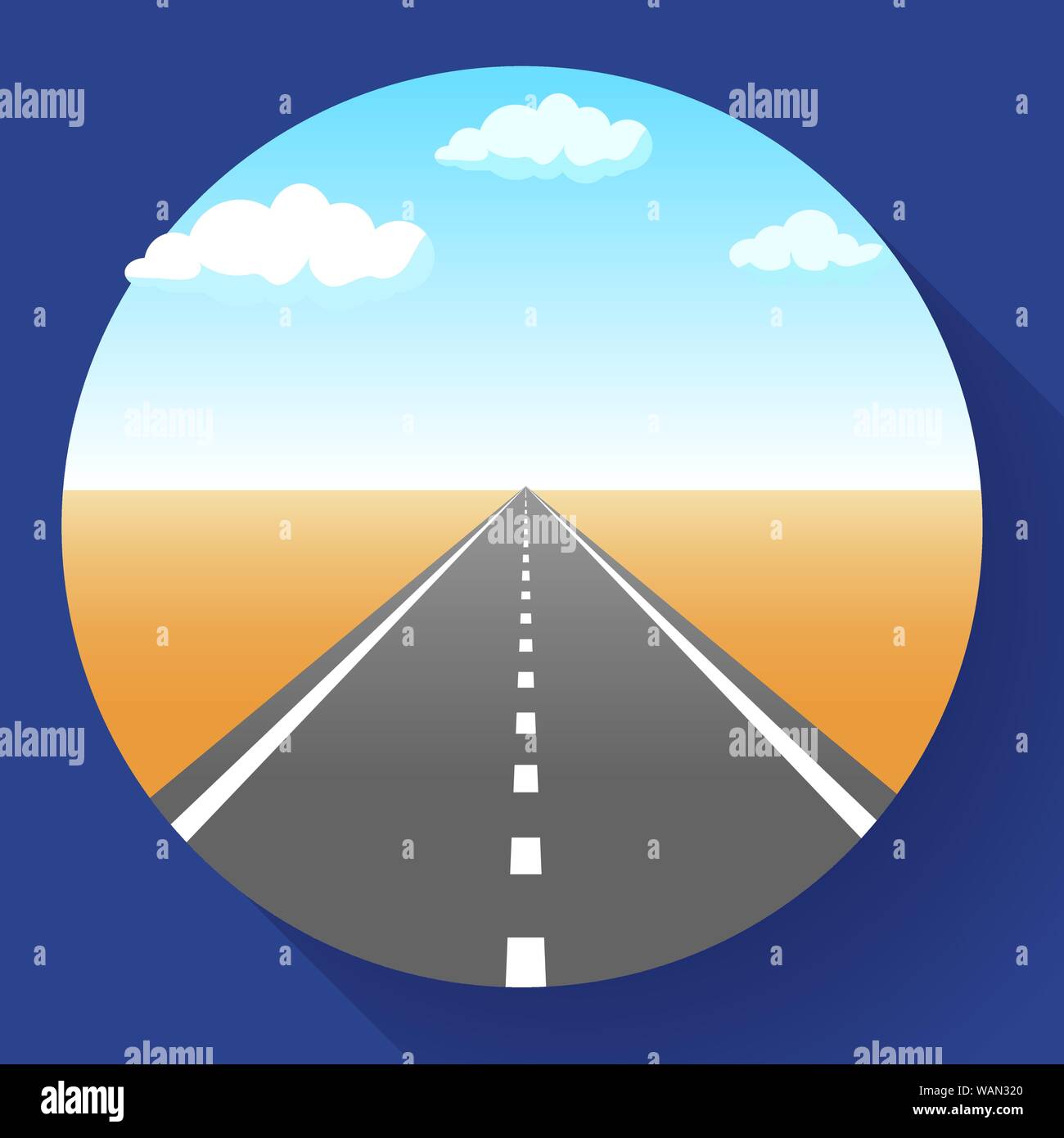 Landschaft mit Himmel und Wolken, Land und asphaltierte Straße mit Markierung, leere Autobahn in Wüste, Vector Illustration. Stock Vektor
