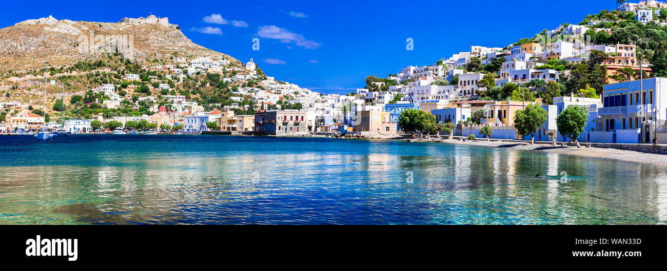Wundervolle Leros, atemberaubenden Landschaft mit traditionellen Dorf Agia Marinana. Dodekanes, Griechenland Stockfoto