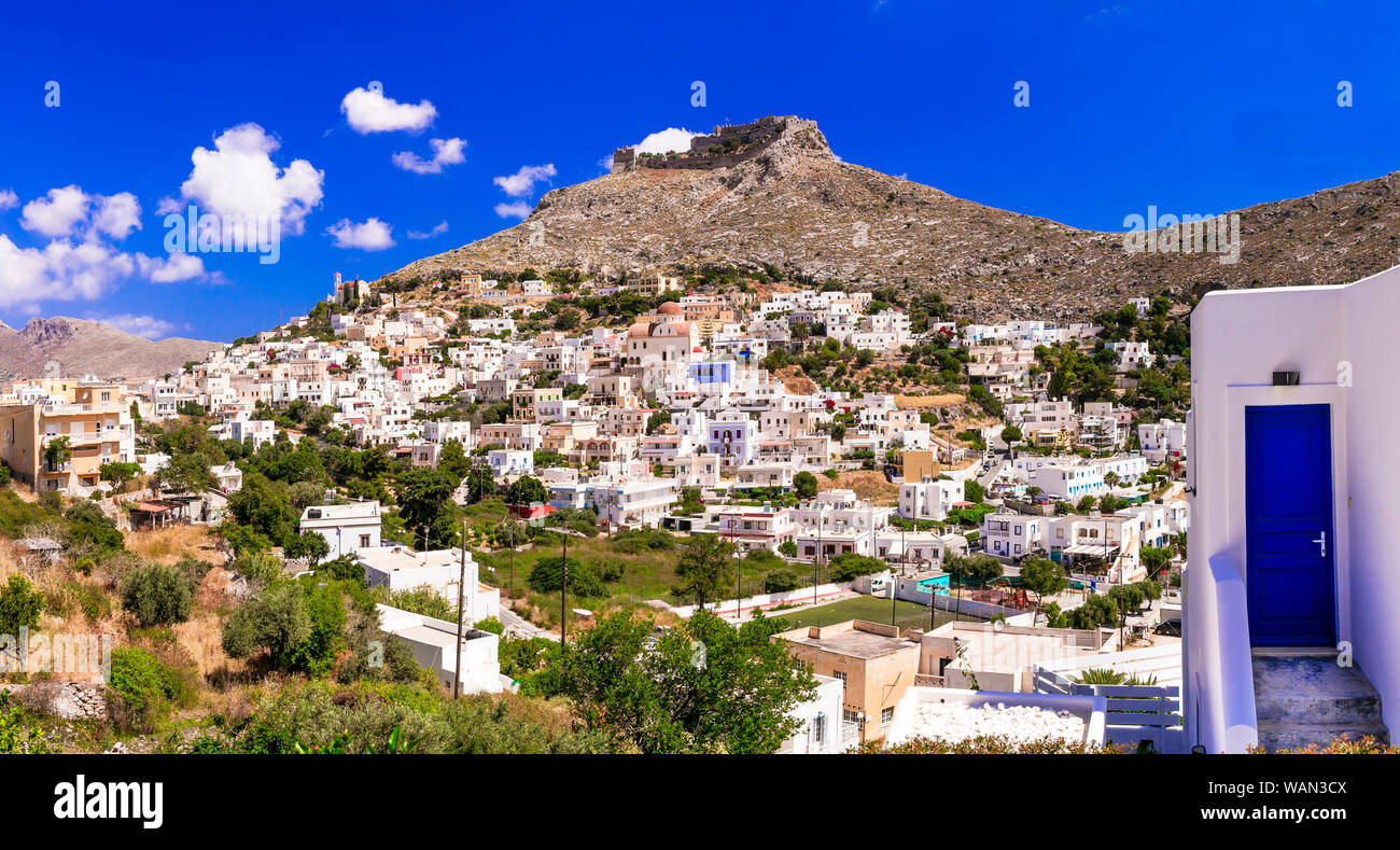 Wundervolle Leros Insel, Landschaft mit traditionellen Dorf Platanos. Dodekanes, Griechenland Stockfoto