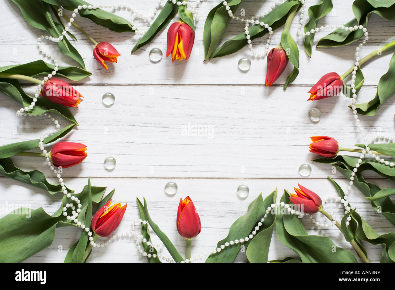 Feder Grenze mit roten Tulpen, weiße Perle Kette und Glassteinen in einem Kreis auf weißem Holz- Hintergrund angeordnet Stockfoto