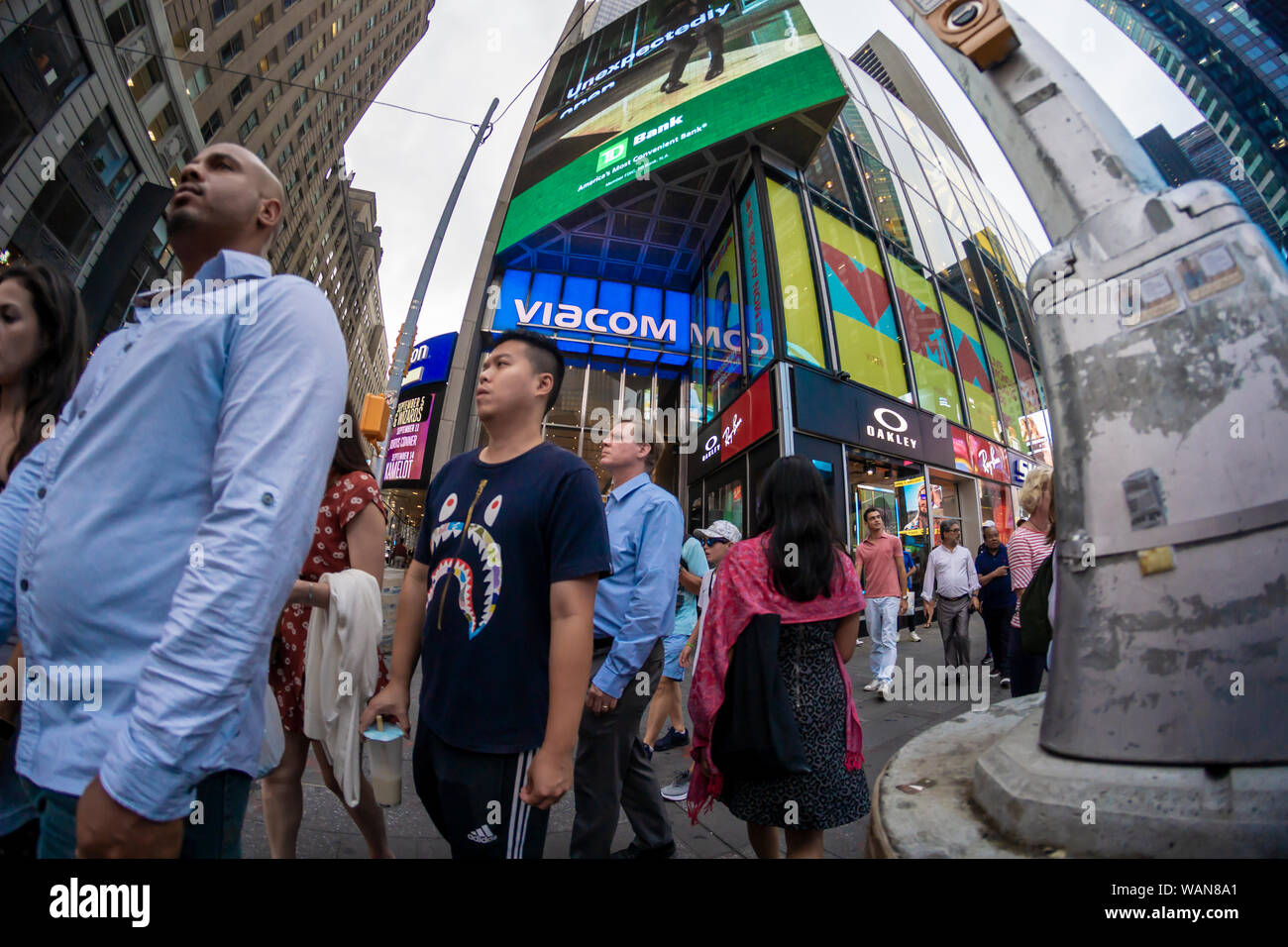 Die viacom Hauptsitz in Times Square in New York am Dienstag, 13. August 2019. Das lange leiden Fusion zwischen CBS und Viacom ist jetzt mit der neuen Einheit aufgerufen werden ViacomCBS Inc. (© Richard B. Levine) Stockfoto