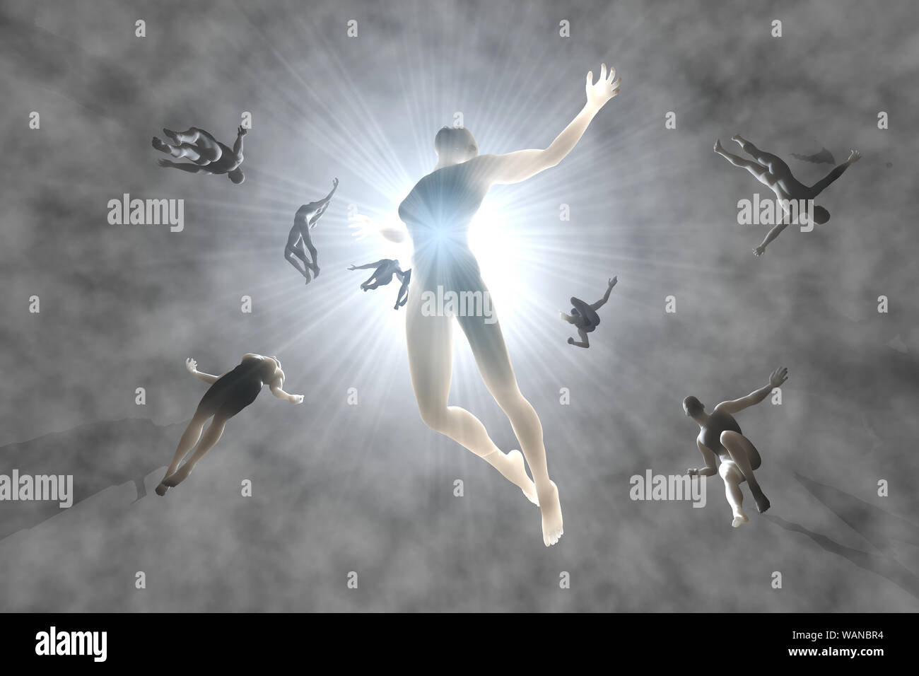 Gerenderten 3D-Abbildung der Seelen von Verstorbenen Menschen strömen in das weiße Licht und jenseits des Himmels. Stockfoto