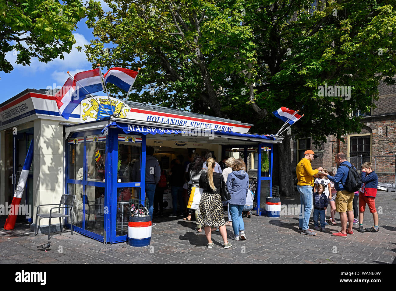 Den Haag, Niederlande - 2019.08.10: Personen, die Neue hering an einer Straße Fischrestaurant am Buitenhof Stockfoto