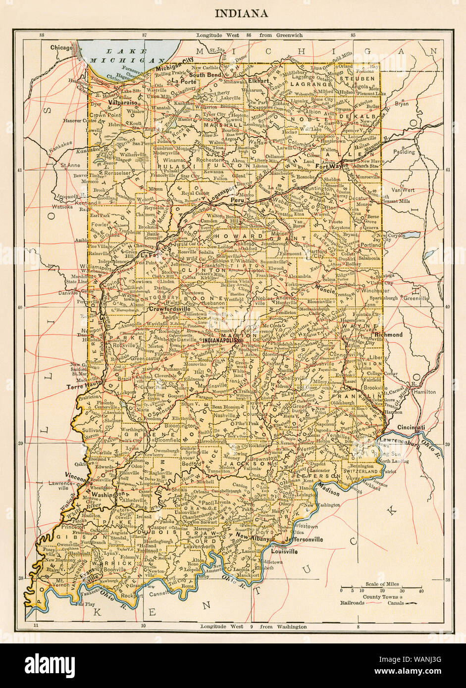 Karte von Indiana, 1870. Gedruckte farbige Lithographie Stockfoto