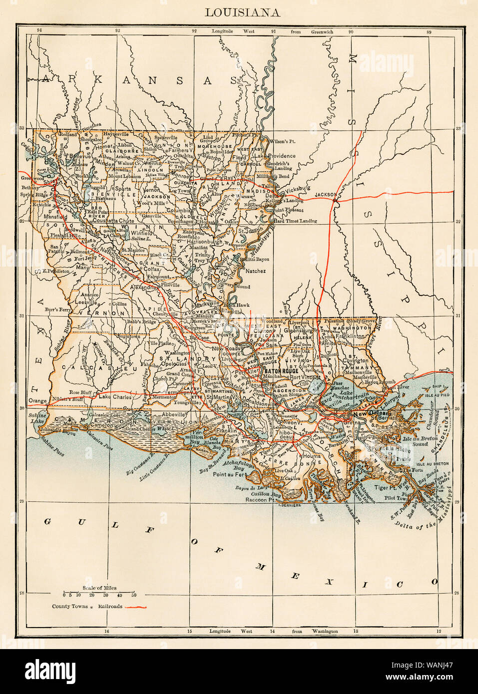 Karte von Louisiana, 1870. Gedruckte farbige Lithographie Stockfoto