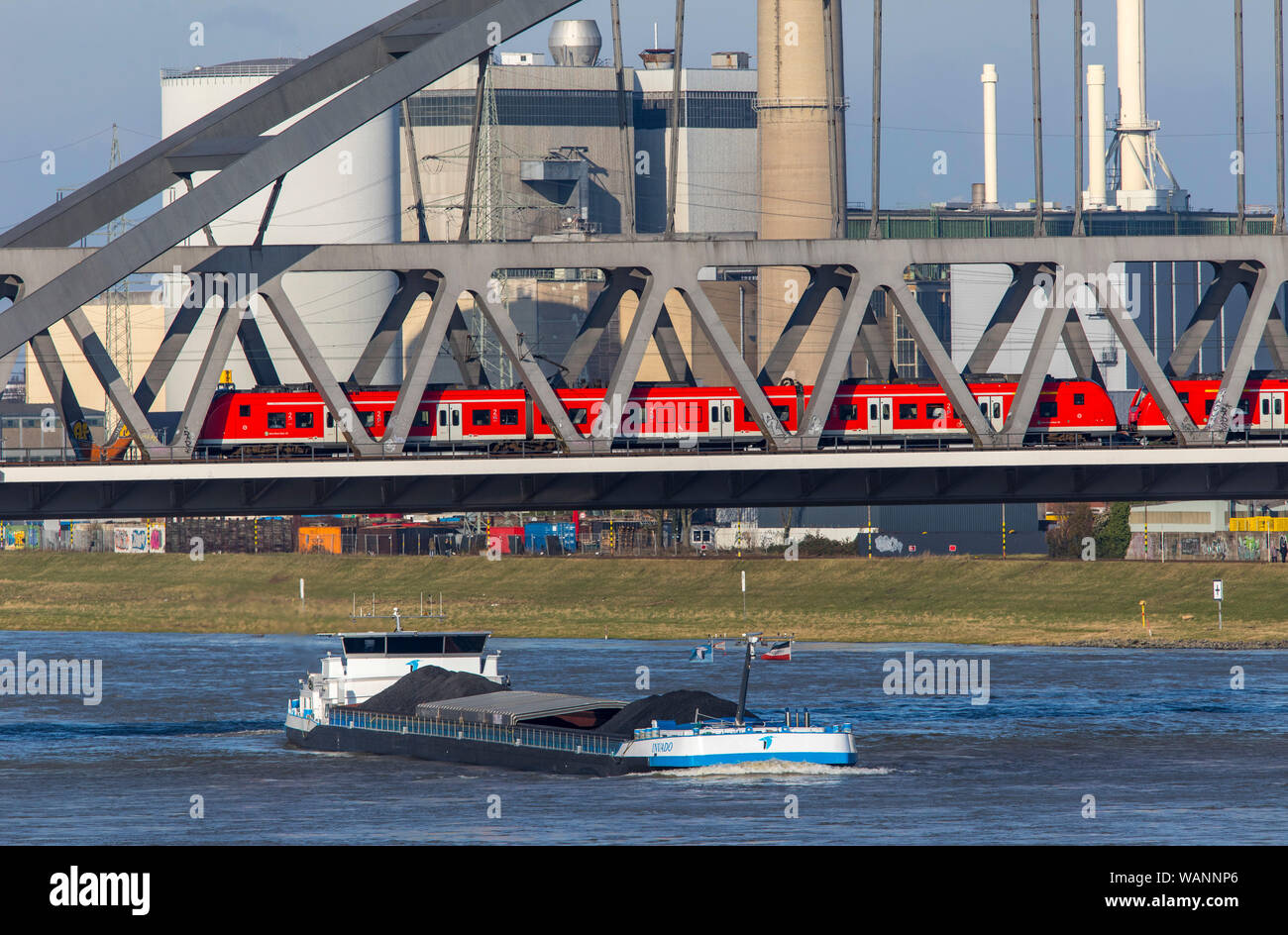 Frachtschiff auf dem Rhein in der Nähe von Düsseldorf, Regionalbahn, S-Bahn Brücke in der Nähe von Düsseldorf-Hamm, Kraftwerk Lausward Stockfoto