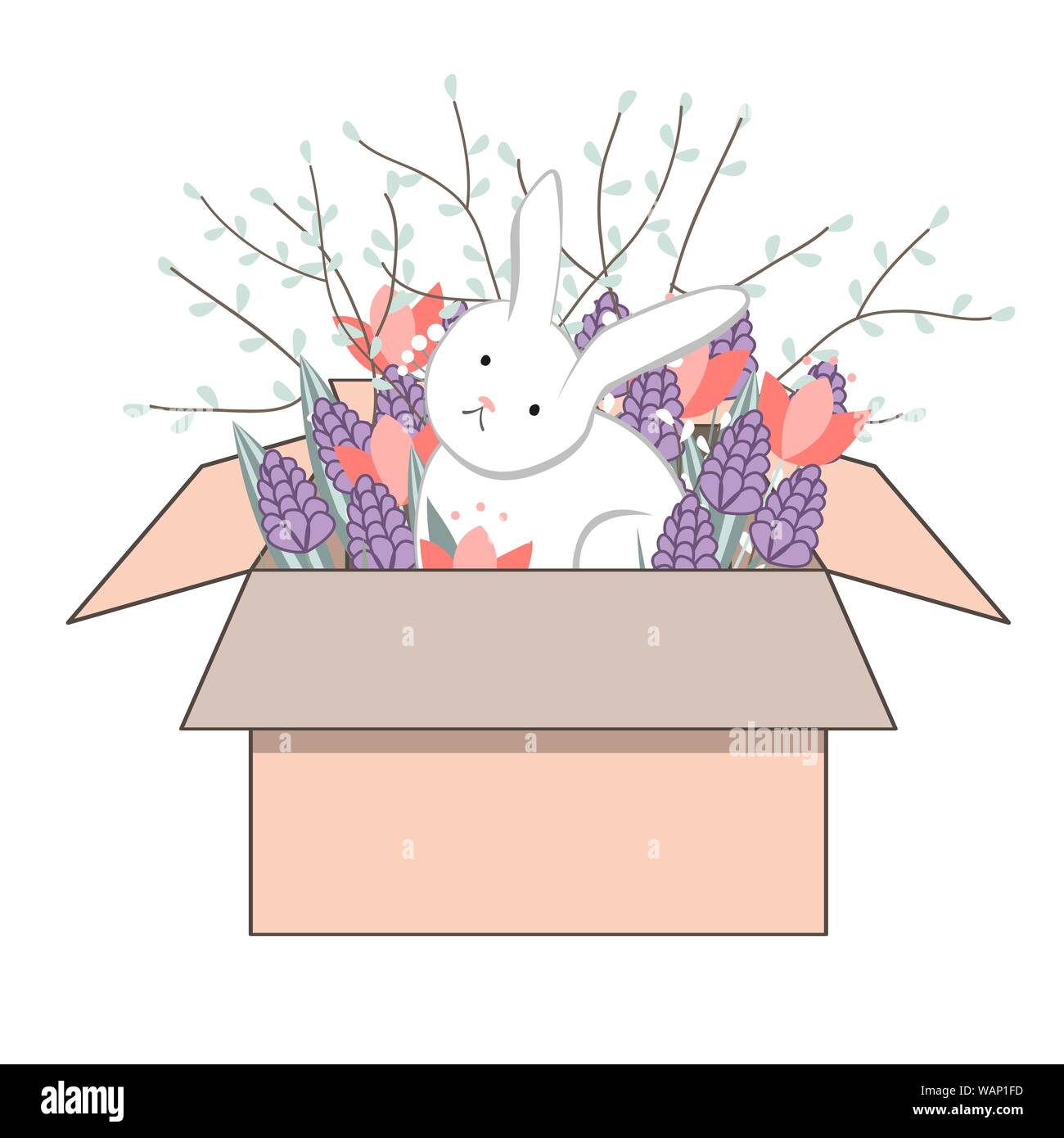 Blumenstrauß aus der Feder doodle Hyazinthen und Tulpen in Karton mit einem süßen Häschen auf weißem Hintergrund. Vector Illustration. Stock Vektor