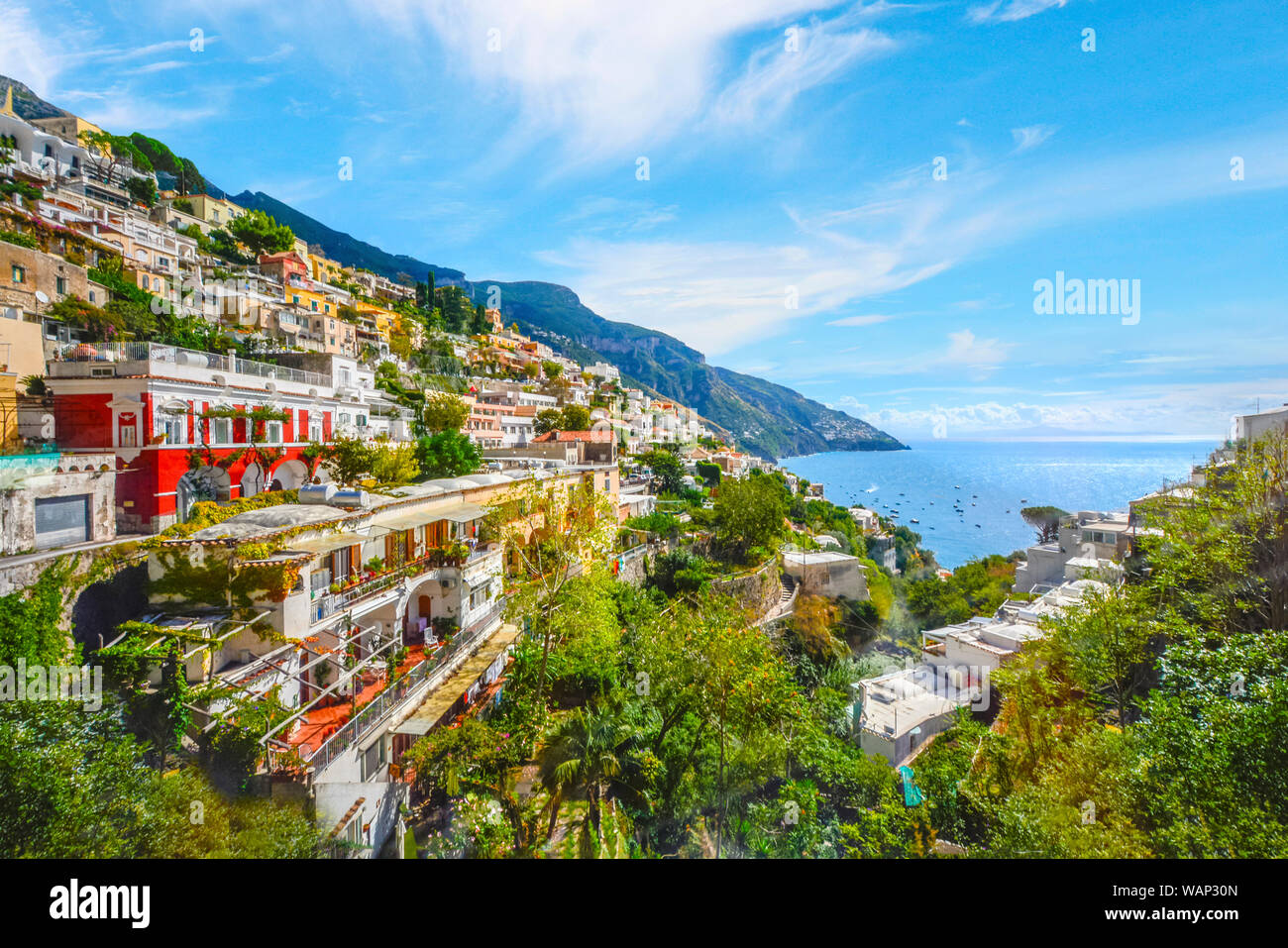 Die farbenfrohe Stadt Positano Italien, an der Amalfiküste in der Region Kampanien in Süditalien. Stockfoto