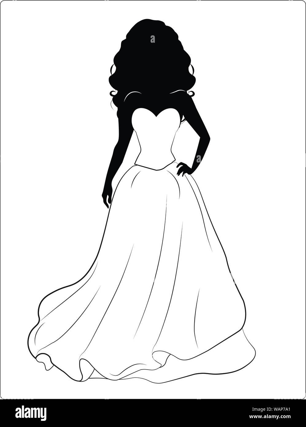 Silhouette von die schöne junge Braut in eine prächtige Hochzeit Kleid, schwarz, auf weißem Hintergrund Stock Vektor