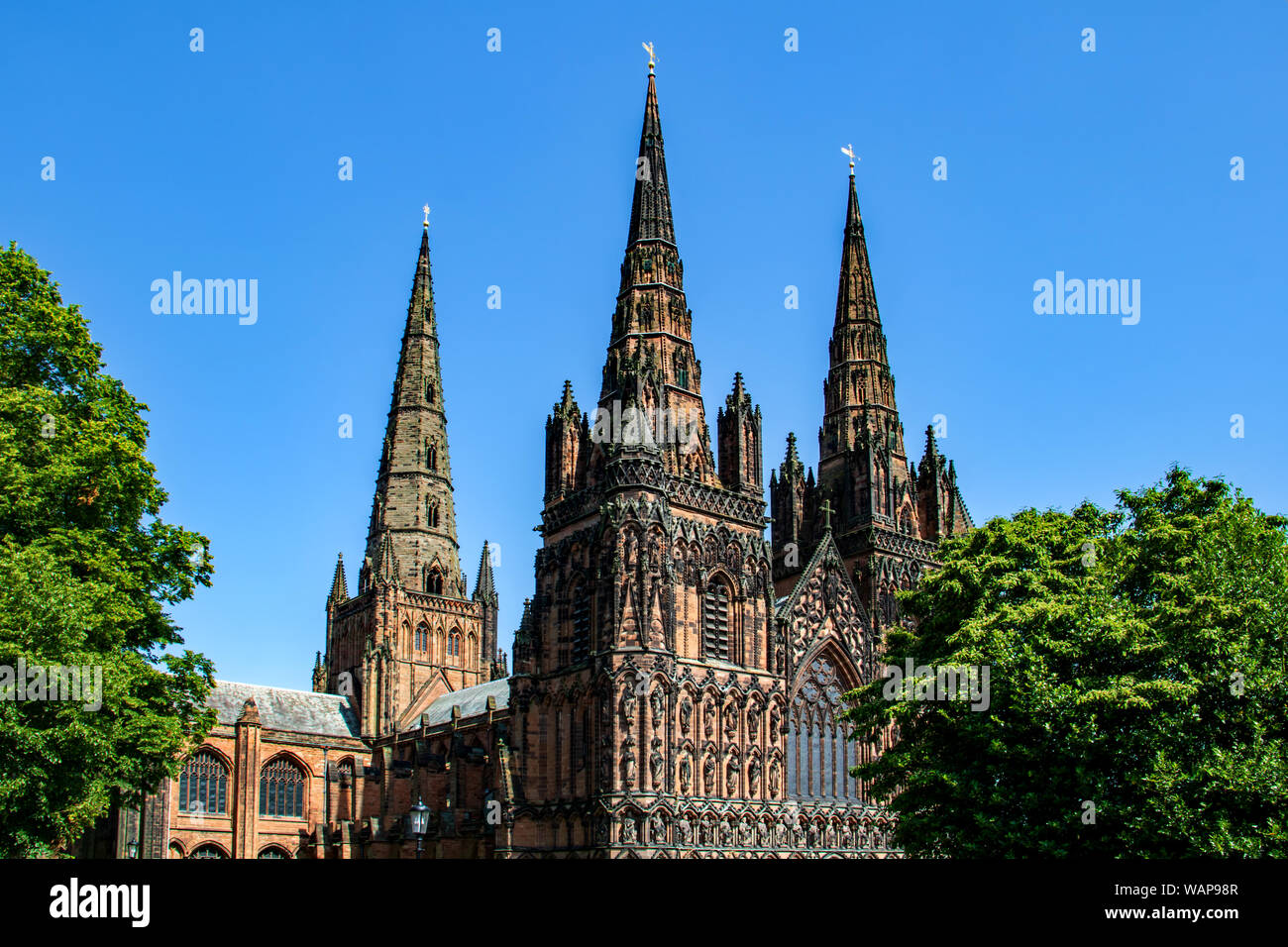 Die drei Türme der Kathedrale von Lichfield steigen über die umliegenden Bäume Stockfoto