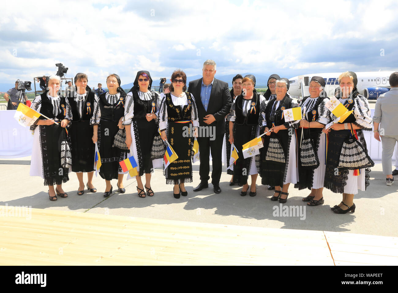 Papst Franziskus Besuch in Rumänien im Mai 2019, am Flughafen Sibiu. Stockfoto