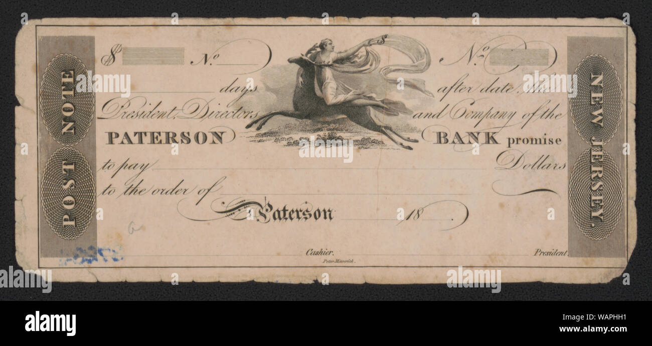 Tage nach Datum, dem Präsidenten, Direktoren, und der Firma thePaterson Bank versprechen [Leerzeichen] Dollar um die Reihenfolge der [Leer] / Peter Maverick zu bezahlen. Stockfoto