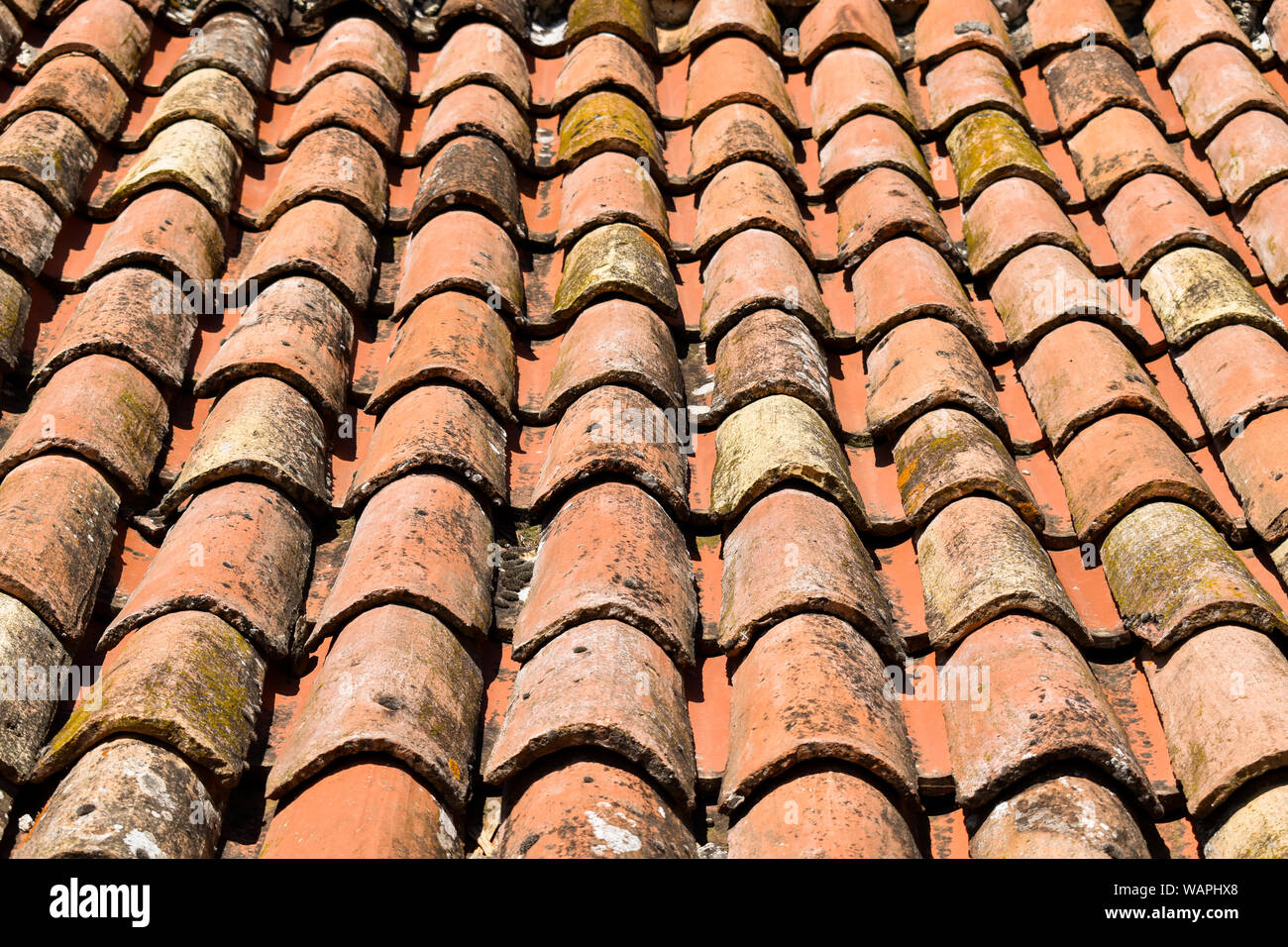 Nahaufnahme von alten orange Dach mit Tonziegeln. Dach der alten Haus in Kroatien Stockfoto