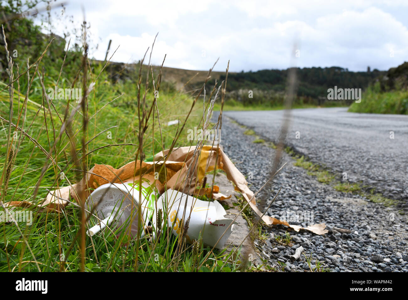 Plastik- und Papiermüll, der am Straßenrand auf dem Land geworfen wird Stockfoto