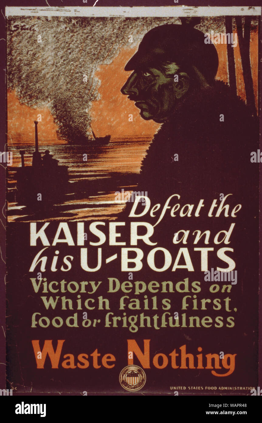 Die Niederlage der Kaiser und seine U-Boote -- Sieg hängt von der ersten ausfällt, Lebensmittel oder frightfulness - - Abfälle nichts Abstract: Poster, auf dem eine dunkle Gestalt [Kaiser?] und einem U-Boot, mit einem brennenden Schiff Versinken in der Ferne. Stockfoto