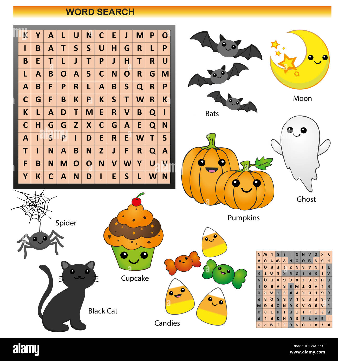 Wort Suche mit Halloween kawaii Theme für Kinder in Englisch Stockfoto