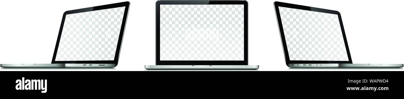 Laptop mit transparenten Bildschirm auf weißem Hintergrund. Perspektive und Frontansicht mit transparenten Bildschirm. Stock Vektor