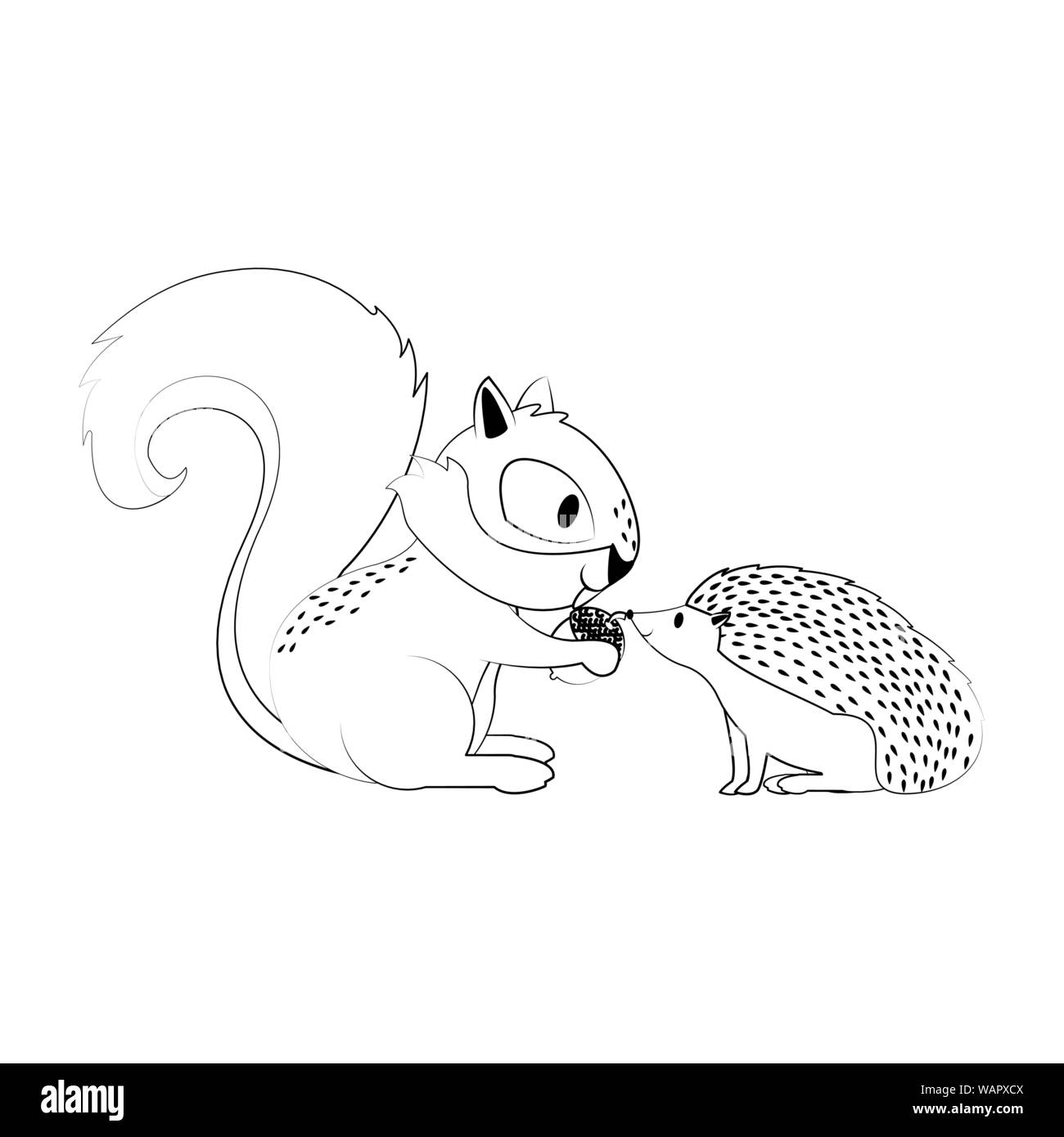 Eichhörnchen und Igel mit Mutter Karikatur in Schwarz und Weiß Stock Vektor