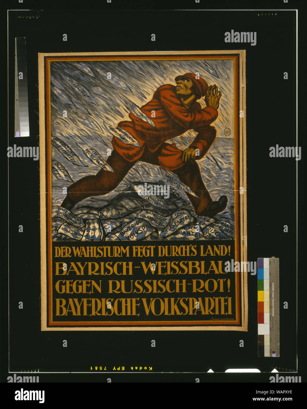 Der Wahlsturm fegt durch's Land! Bayerisch-Weissblau gegen Russisch-Rot! Die Bayerische Volkspartei Abstract: Plakat zeigt einen Mann in Rot, die von einer Flut von blauen und weißen Stück Papier markiert der Bayerischen Volkspartei. Text: Die Wahl Sturm fegt das Land! Bayerische Blau und Weiß gegen russische Rot! Bayerische Volkspartei. Stockfoto