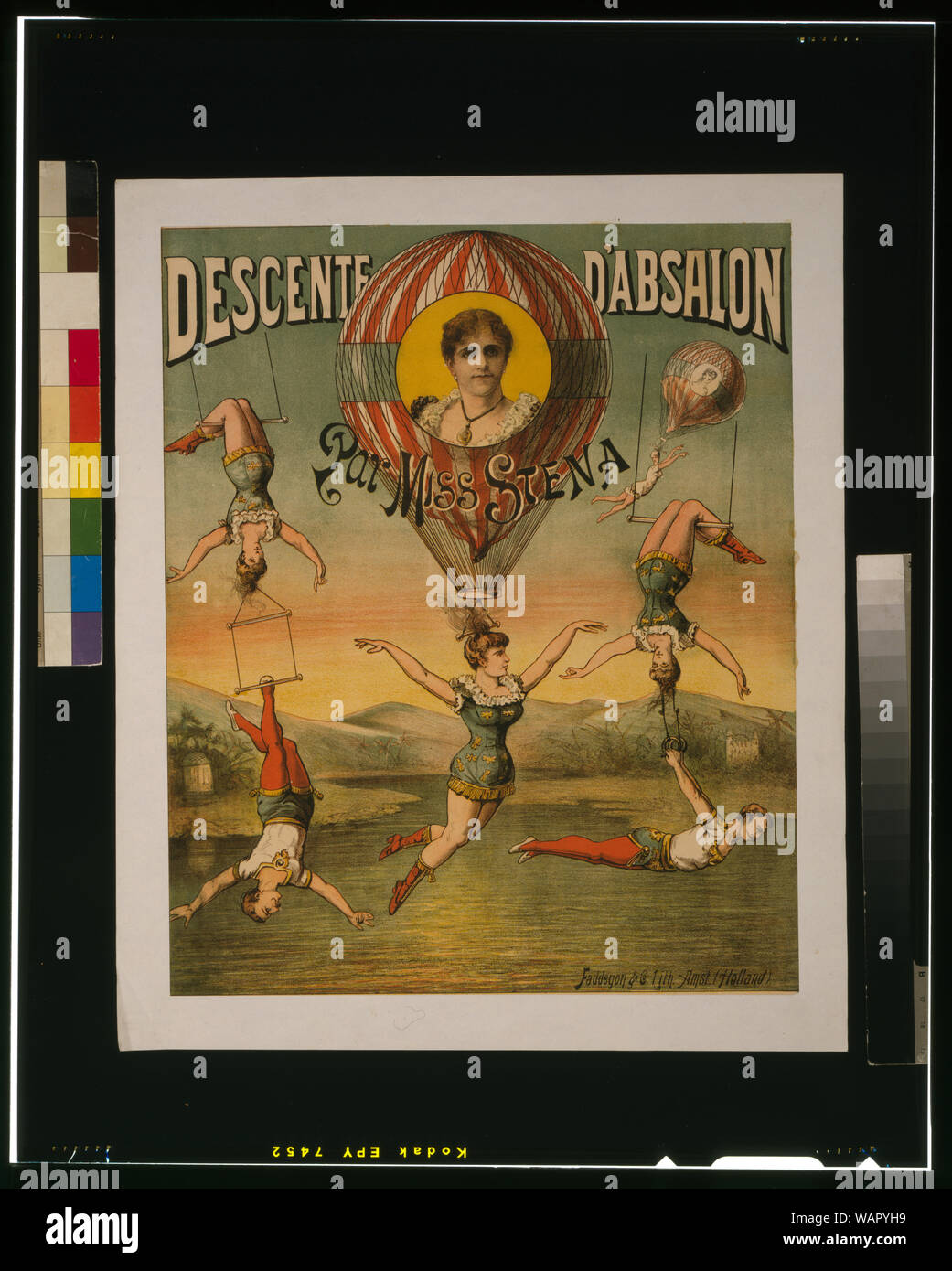 Descente d'Absalon par Miss Stena; Circus Poster zeigt eine Gruppe von trapezkünstlern durchführen. Zwei Frauen sind aloft durch einen Ballon zu Ihrem Haar gehalten. Das Porträt in der Mitte der Ballon ist vielleicht verpassen Stena. Stockfoto