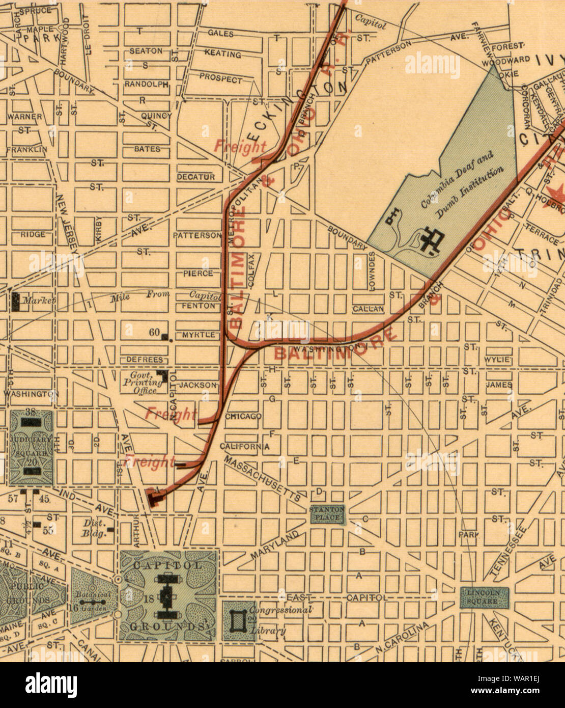 Detail einer 1893 Karte von Washington, der B&O DC angezeigt Eisenbahnlinien Stockfoto